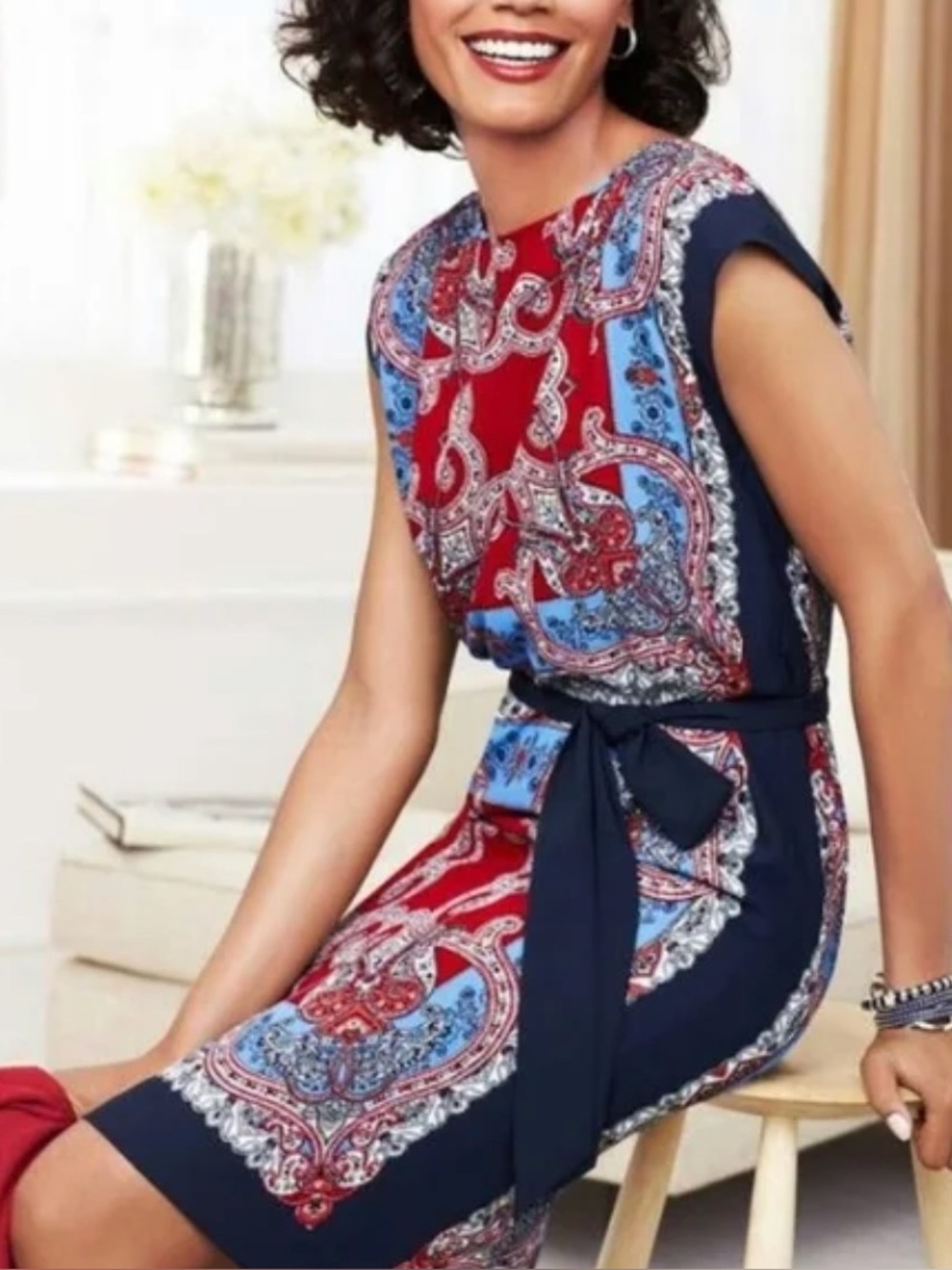 Talbots Navy Shift Dress with Scarf-Print Front Size Small